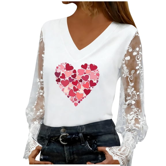 Valentines Day Gifts for Her Cute V-Neck Lace Insert Blouse Long Sleeve Floral Valentines Print Outfits Delicate Feminine Clothing Romance Soft Tops