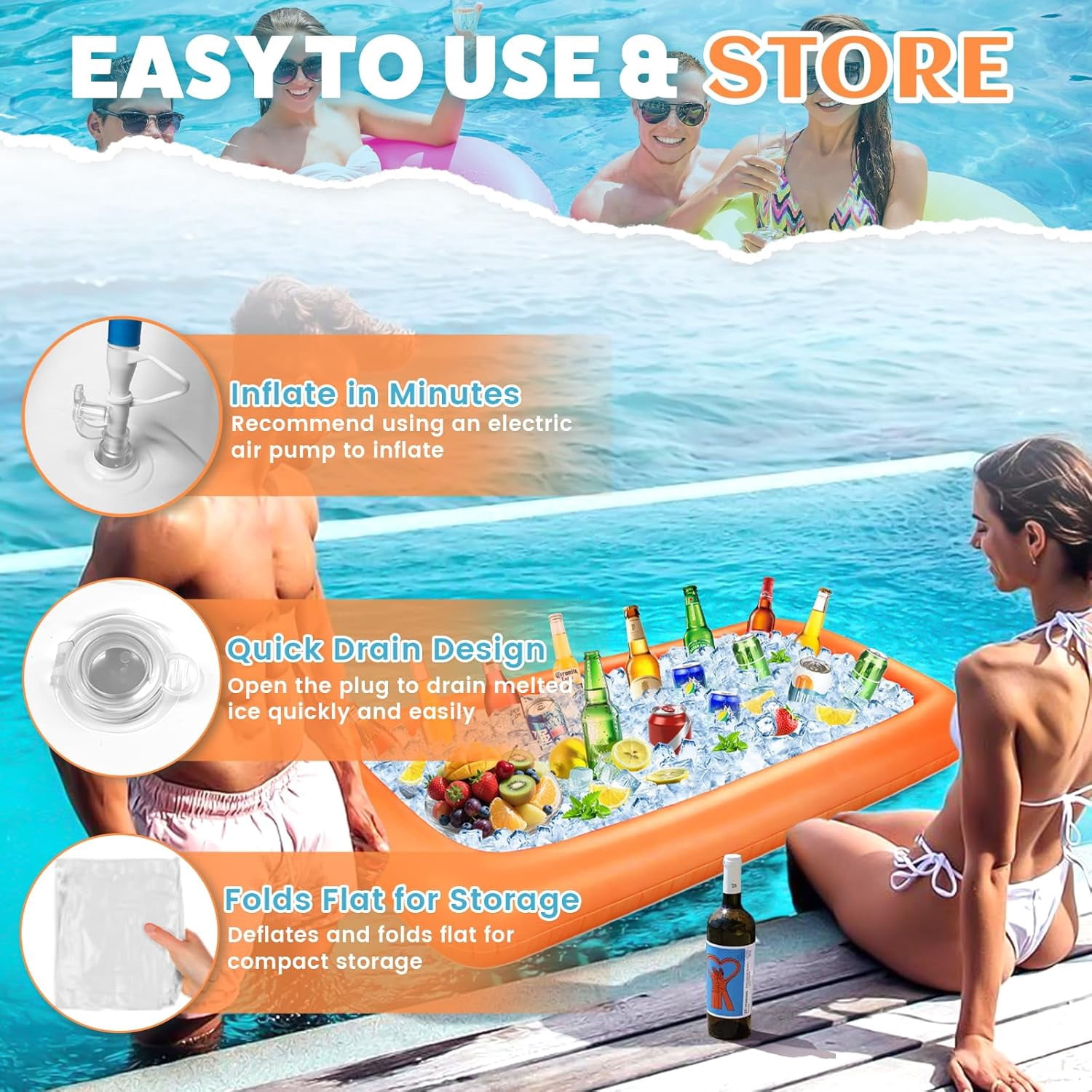Large Inflatable Ice Serving Bar for Food, Drinks, Salad, Floating Buffet Cooler Tray with Drain Plug for Pool Party, BBQ, Picnic, Camping, Beach, and Outdoor Supplies