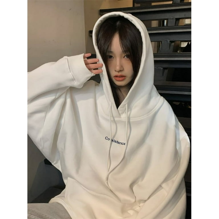 DanceeMangoo Fashion Dark Grey Hoodie Fleece Thicken Sweatshirt Long Sleeve  Korean Letter Printing Baggy Female Tops Pullover Hoodie Autumn