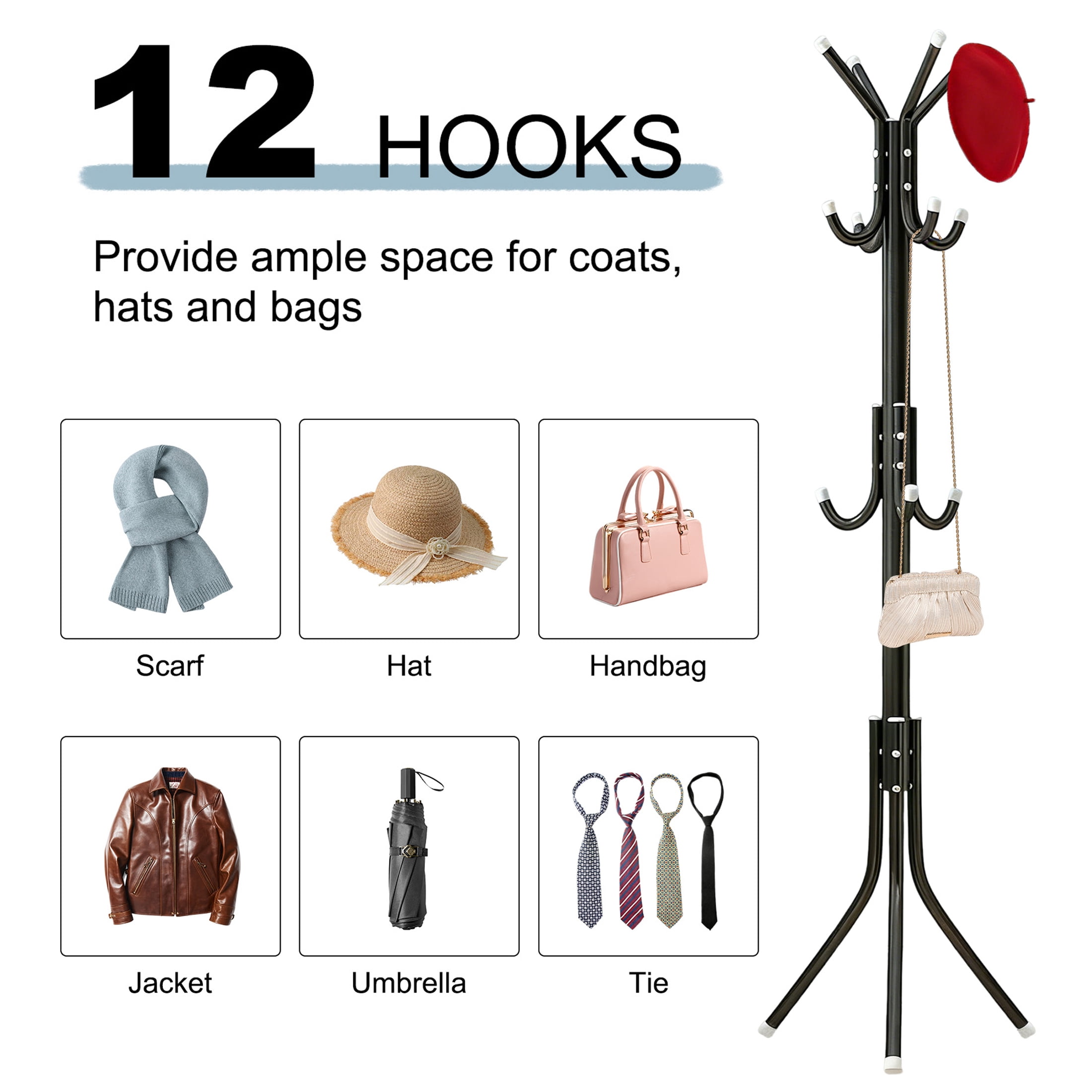 GARITIN Coat Rack Freestanding with 12 Hooks, Heavy Duty Coat Tree for Entryway Bedroom Corner Hall, Black