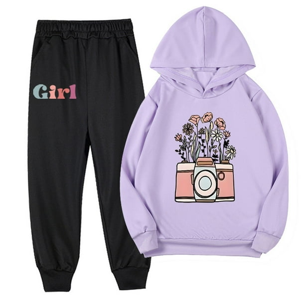 Odeerbi 2-9 Años Niñas Trajes de Algodón Estampado de Flores Sudaderas Con Capucha Pantalones de Dos Piezas Sudaderas de Manga Larga Con Capucha