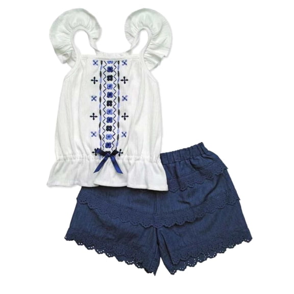 Girls White & Navy Blue Sleeveless Embroidered Tank Top & Navy Tiered Shorts 6x