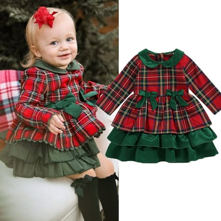 

Canrulo Toddler Baby Girls Christmas Dress Bowknot Plaid Party Pageant Princess Dresses Xmas Clothes Red 1-2 Years