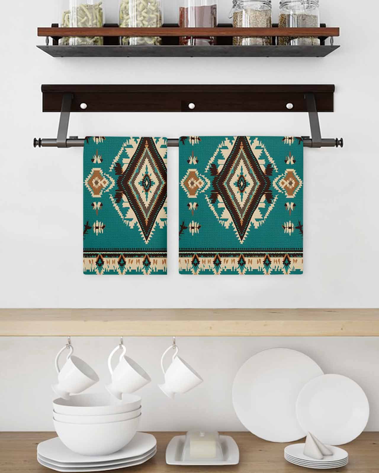 Green Southwestern Kitchen Dish Towels for Drying Dishes Set of 2, Vintage Boho Ethnic Geometric Waffle Weave Microfiber Hand Tea Bathroom Towels Quick Dry & Absorbent Towel 15.7x23.6