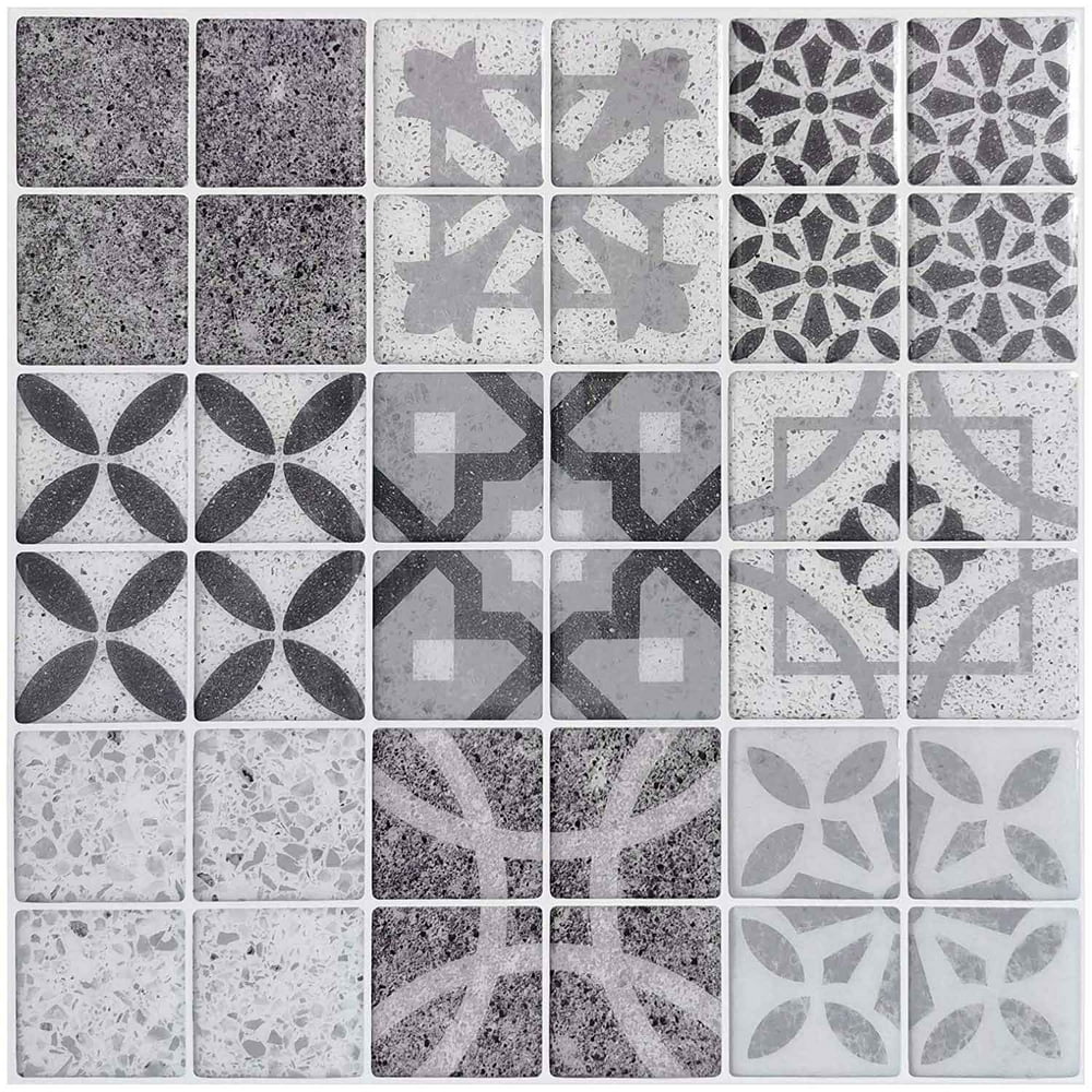 Art3d Black&White Talavera 12 in. x 12 in. Peel and Stick Wall Tile