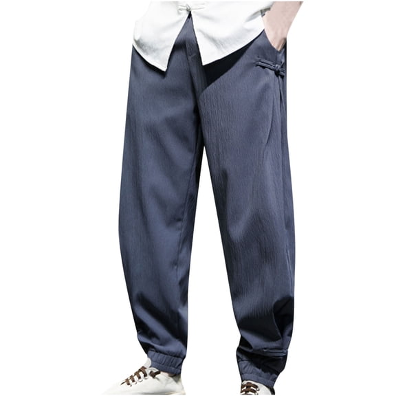 IROINNID Men's Pants Relaxed Loose Lace-Up Drawstring Mid Waist Cotton And Linen Trousers Solid Color Elastic Waist Pants
