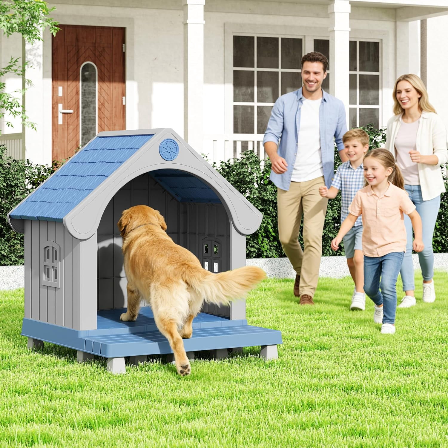 Dog House Outdoor Weatherproof with Porch for Small Medium Dogs, Durable Plastic Pet House with Sloping roof and Elevated Floor, Easy Cleaning and Assemble (Blue)