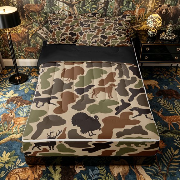 Castle Fairy Hunting Camo Wildlife Zipper Twin Comforter Sets with Fitted Sheet and 2 Pillowcases,Deer Bear Turkey Dog Silhouette Zipper Bedding Set,Khaki Brown Green,Black Reversible,4-Piece