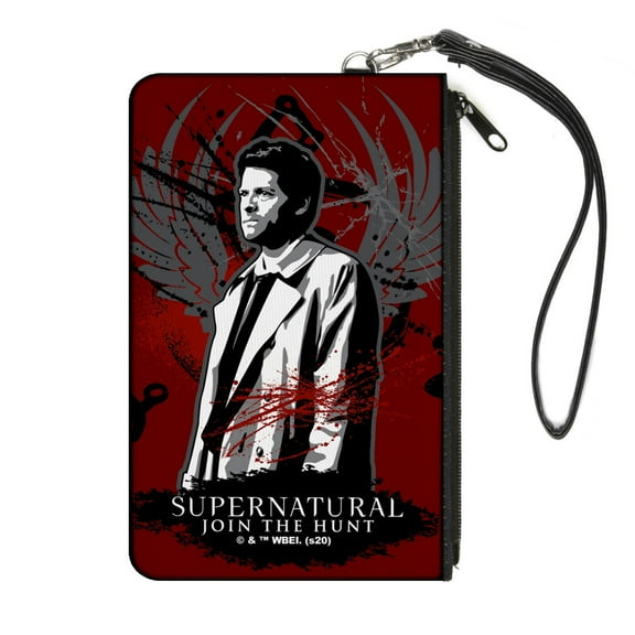 Supernatural Wallet, Zip Clutch, Supernatural Castiel Angel Wings Pose Reds Grays Black, Canvas