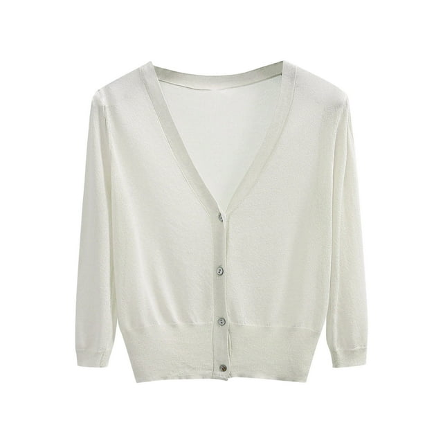 Pompotops Veste Mince en Tricot pour Femme en Soie Glacée à Manches Longues, Châle avec Chemise de Protection Solaire Couleur Bonbon, Hauts/chemise à Manches Longues à Col en V, Liquidation