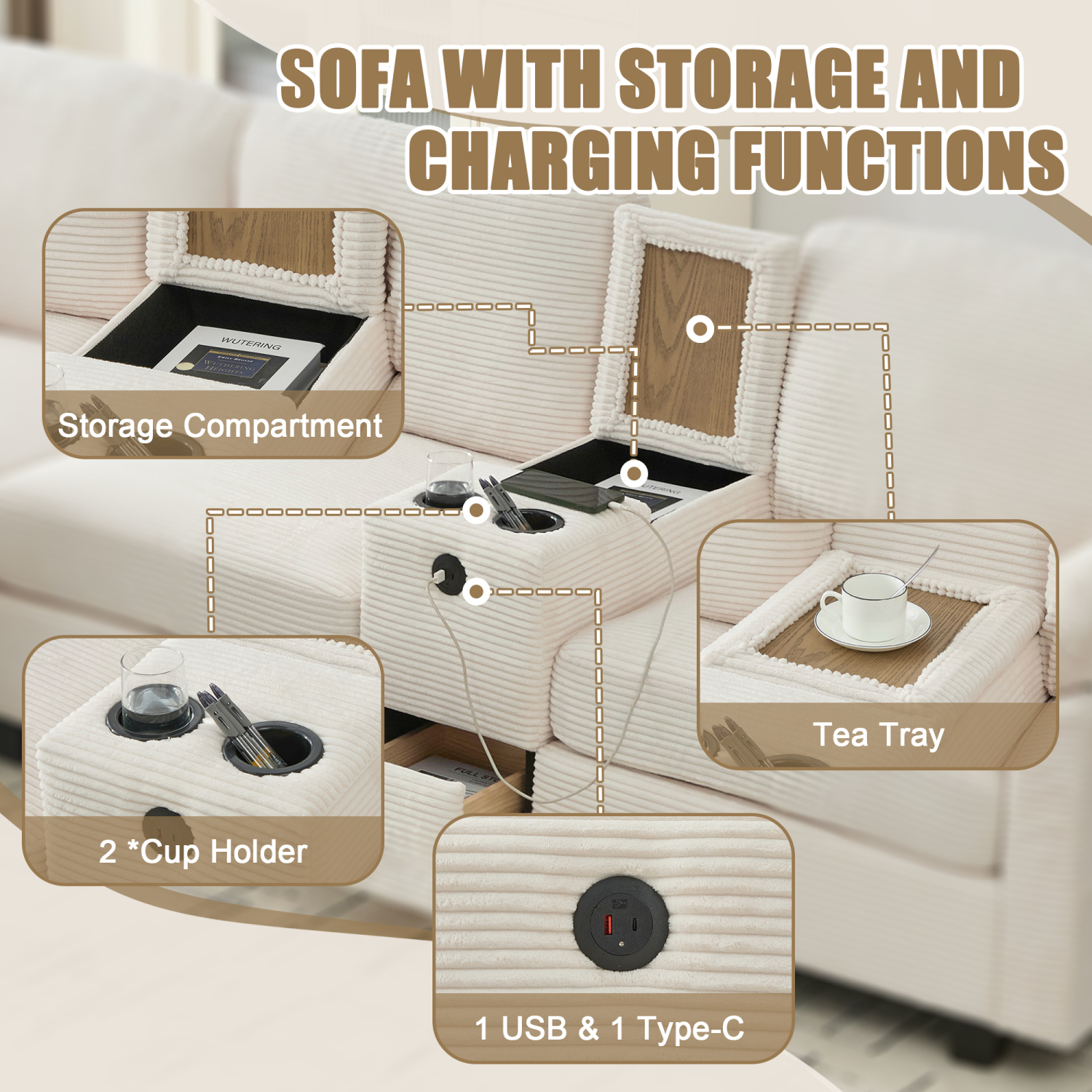 Leumius L-Shaped Sectional Sofa for Living Room,105" Modular 4-Seater Upholstered Sofa Couch with Cup Holder/USB Interface/Storage Box,Beige