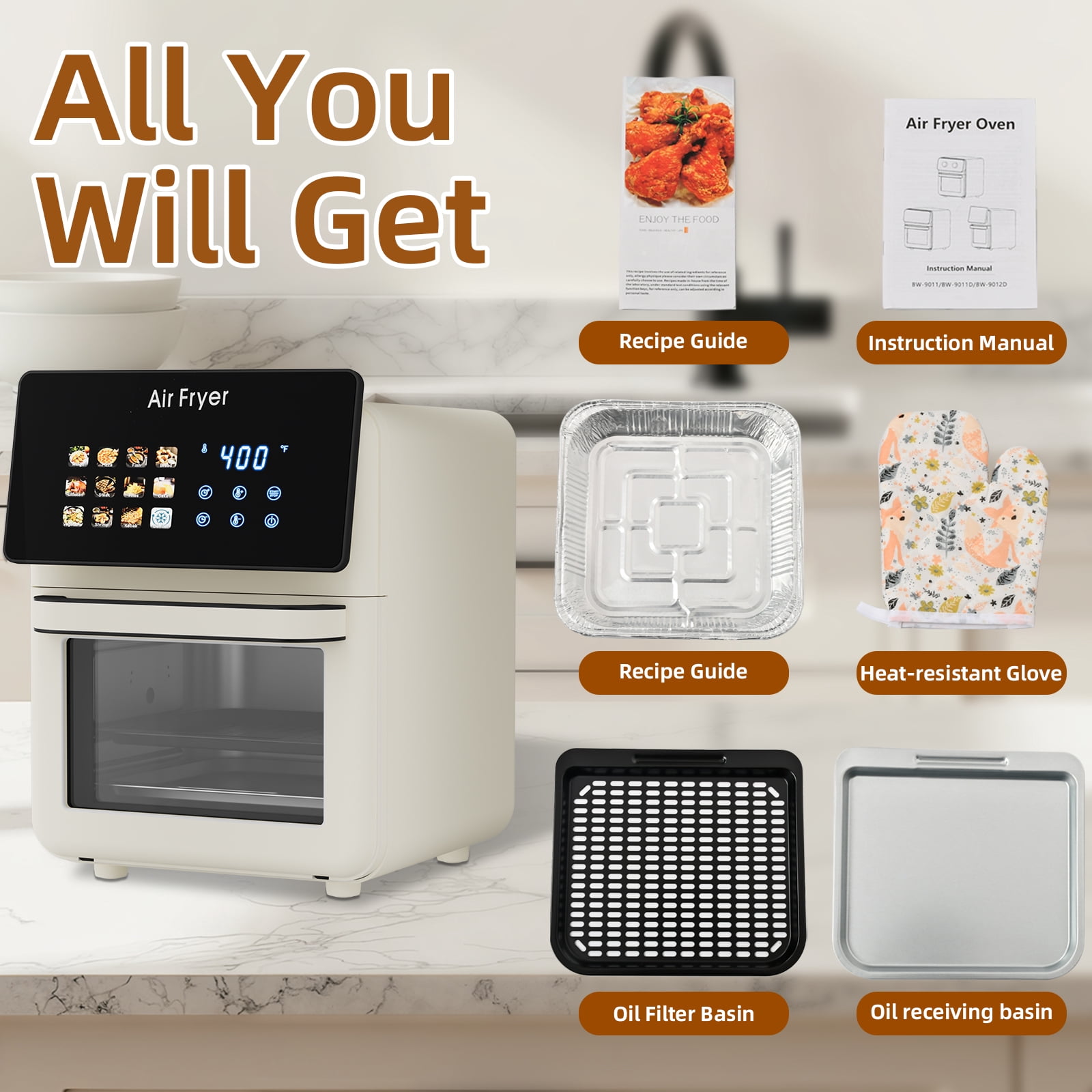 AboveMoon 10L Large Air Fryer Oven With Grill Combo For Kitchen Countertop Use,12 in 1 Smart Convection Ovens,AirFryer With Glass View Window,Nonstick Basket,Fryer Liners,Removable Door-White