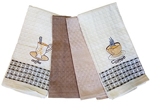 Set of 4 3Cats Kitchen Coffee Theme Kitchen Towels with Embroidered Coffee Designs