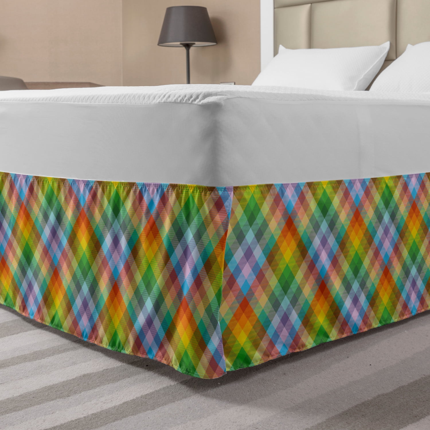 Plaid Bed Skirt, Colorful Summery Classical British Fashion Motifs