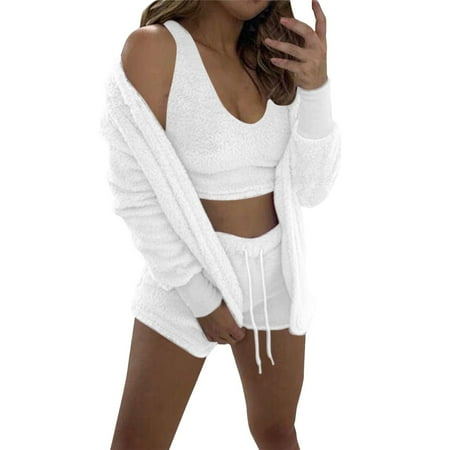 

Women s Wear Winter Plush Home Wear Casual 3 Piece Pajamas Long Sleeved Shorts Sports Suit