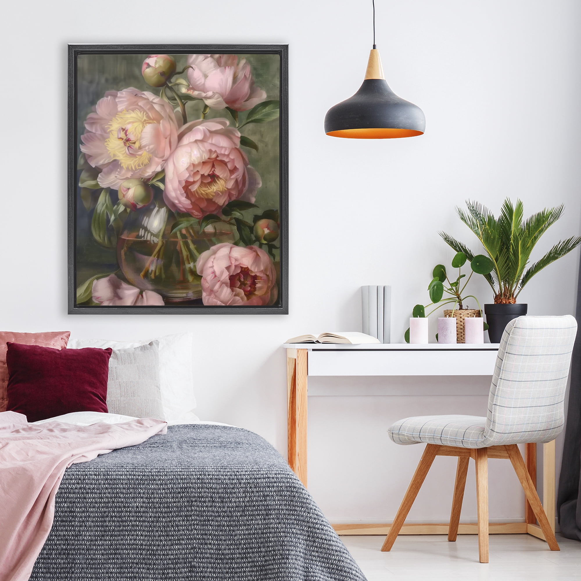 Stupell Industries Pink Peonies in Glass Vase Black Framed Floater Canvas Wall Art, design by LSR Design Studio