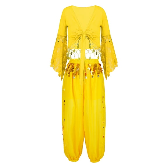 Alvivi Belly Dancer Costume for Women  Dance Crop Top with Lantern Pants Arabian Princess Set Yellow XXL