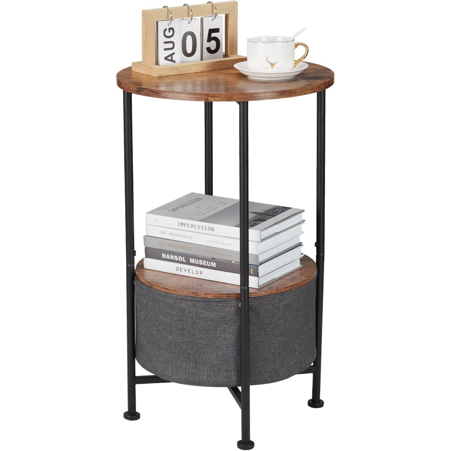26" High Industrial Round End Table with Storage,Small 2 Tiers Round