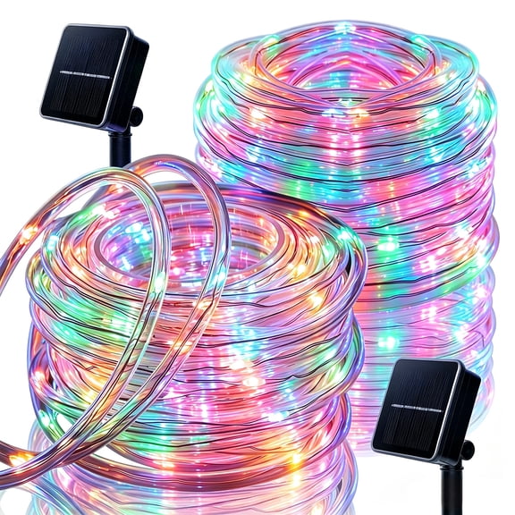 Rirool Solar Rope Lights Outdoor Waterproof 2 Pack, 33ft 100 LED Multicolor String Lights with 8 Modes, Flexible Clear Tube Fairy Lights Auto On/Off for Garden Patio Fence