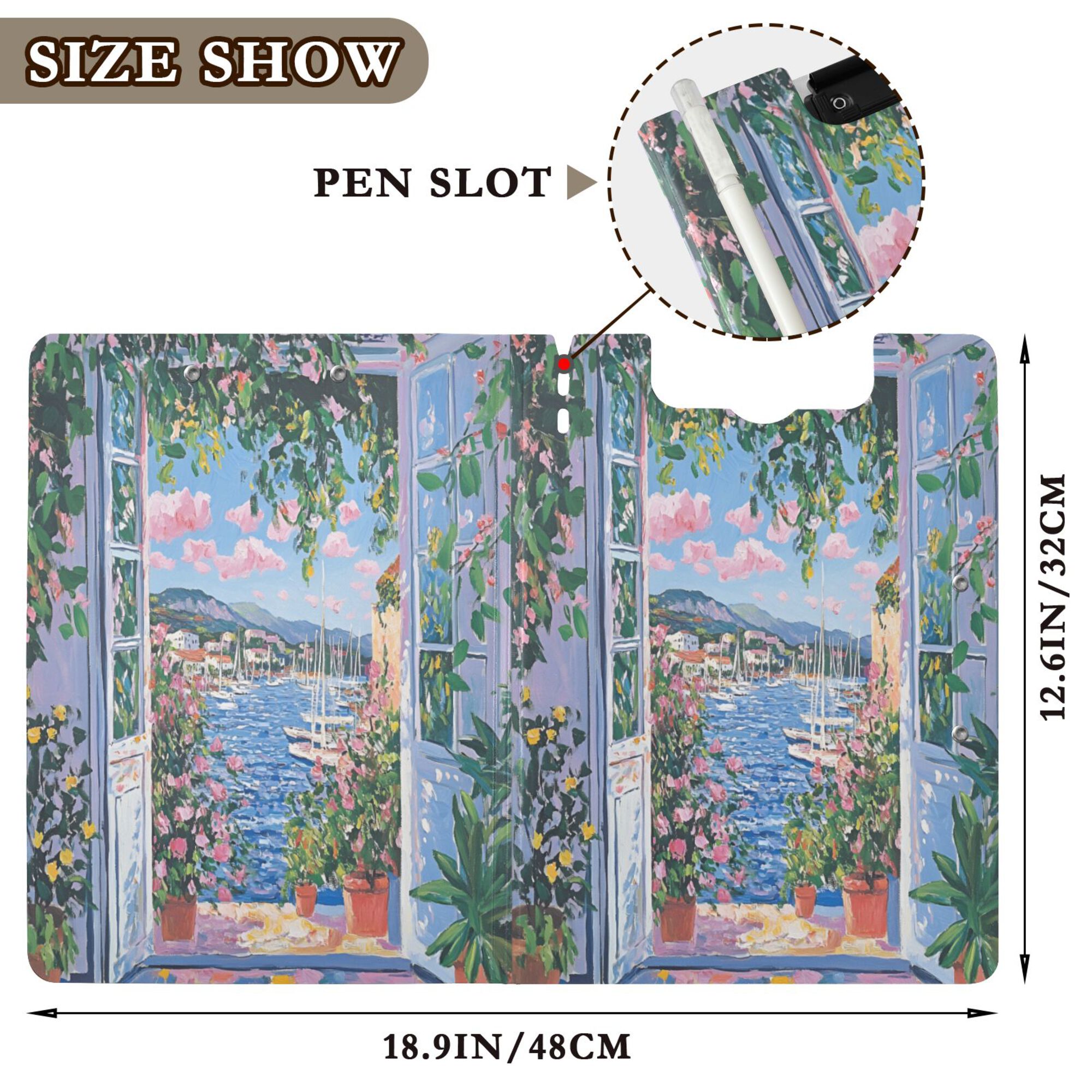 FORMRS A4 Clipboard Folder with Pen Holder Horizontal Foldable School Office Binder, Blue Floral Window