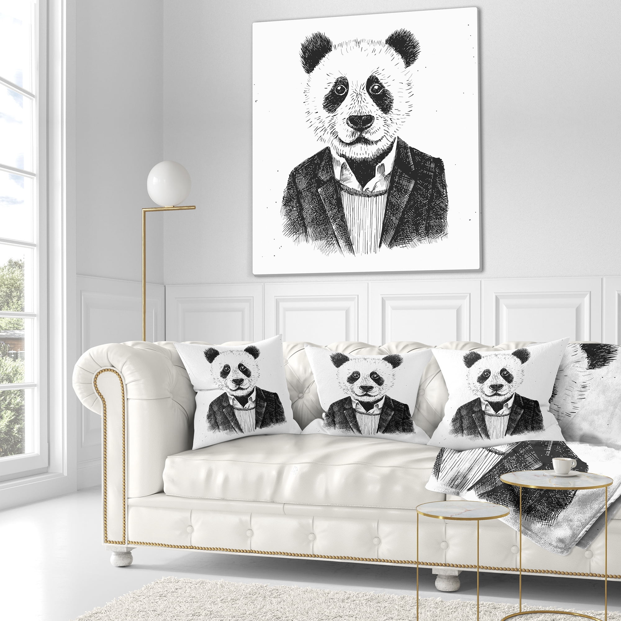 Designart Funny Hipster Panda Black White - Animal Throw Pillow - 18x18