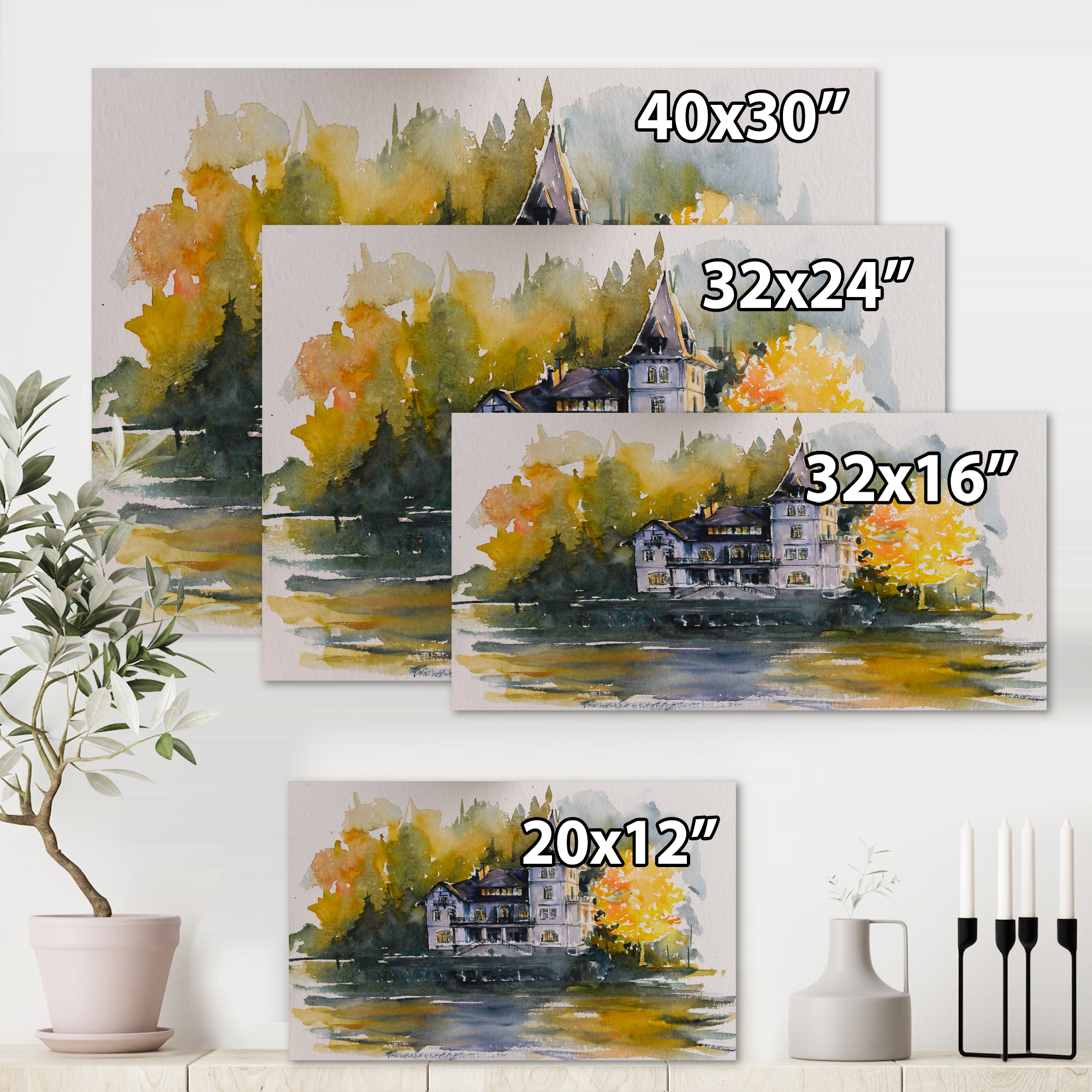 Designart ' Castle With Autumn Trees By The Lake ' Lake House Canvas Wall Art Print