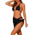 thumbnail image 4 of Women's 3 Piece Halter Bikini Sets Hollow Out Mesh Swimsuits with Sarong Cover Ups Beach Skirt Bathing Suit Medium Black, 4 of 5