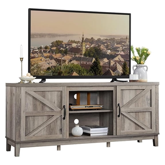 TV Stand for 65 Inch TV, Farmhouse TV Console Table for Living Room, Tall Entertainment Center with Double Barn Doors for Bedroom, Gray