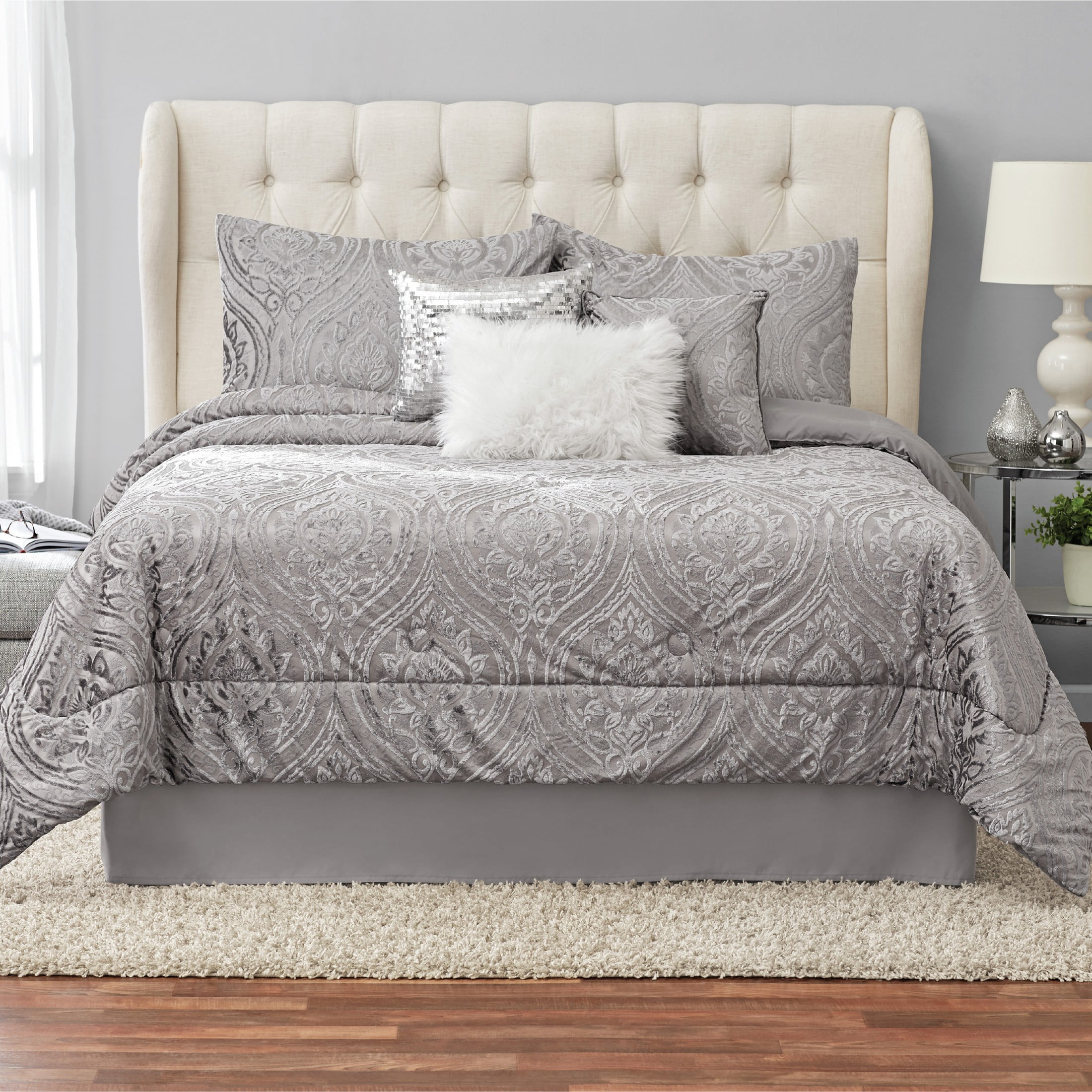 Mainstays 7 Piece Velvet Comforter Set, Grey King Size Bedroom Comforter Set