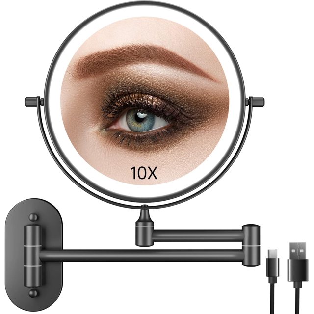 FASCINATE Rechargeable Wall Mounted Lighted Vanity Mirror 8 Inch 1X/10X Magnifying Makeup Mirror with 3 Color Lights, Double Sided Dimmable, 360 Degree Screen Touch,Bathroom Shaving Mirror (Black)