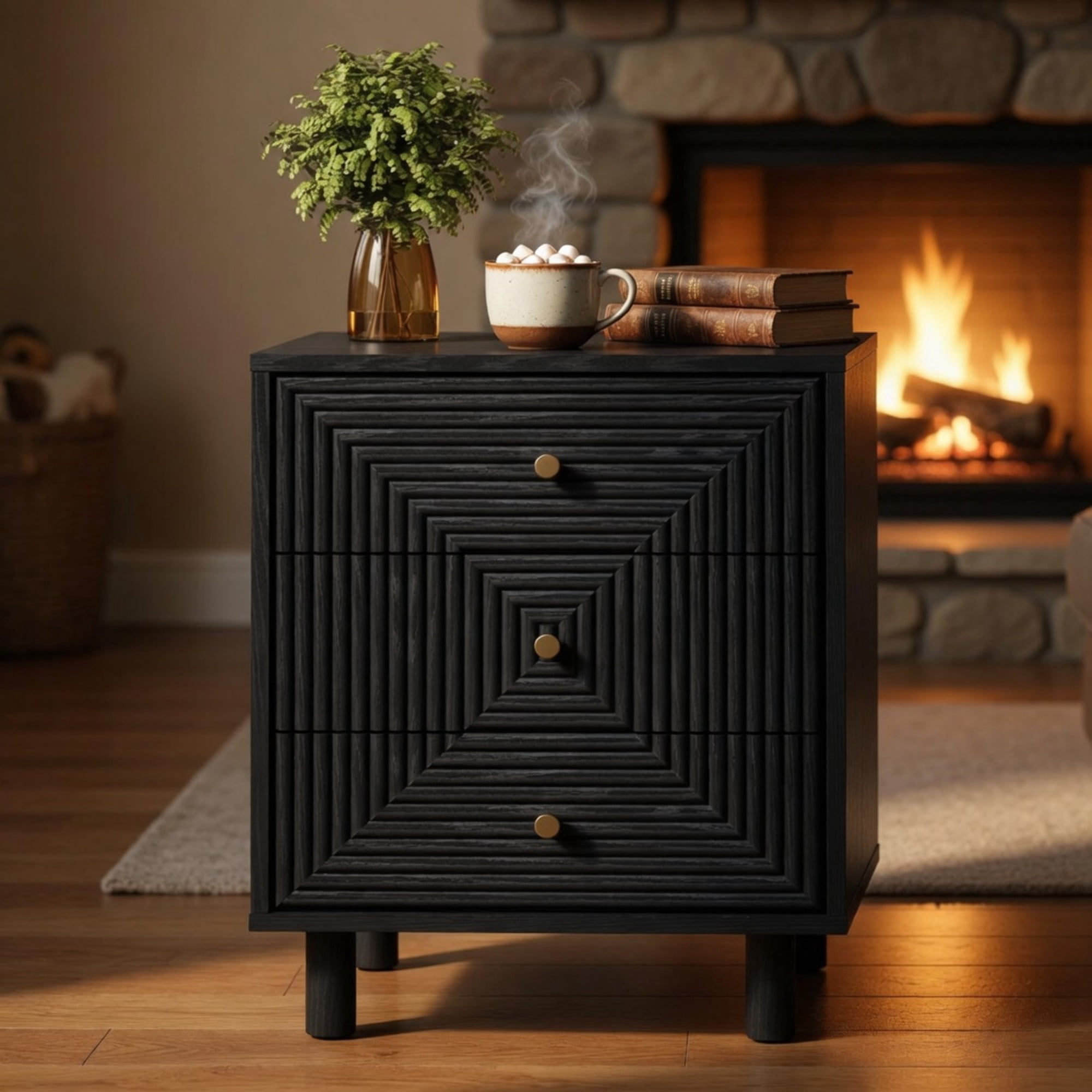 18.7 Inches Width Black 3 Drawer Nightstand - Modern Wood Chest with Solid Legs