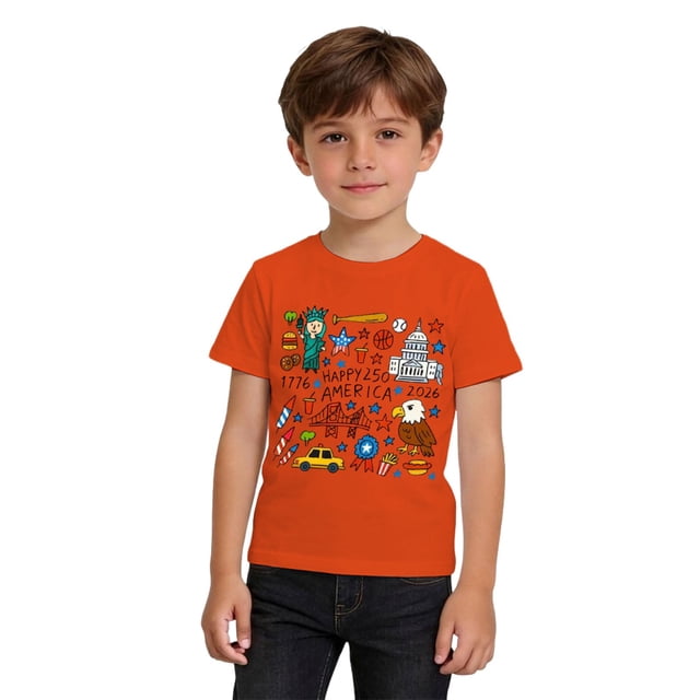 MIASHUI T-Shirt Graphique Patriotique à Manches Courtes pour Garçons, Enfants, Décontracté et Confortable, Orange, 3-4 Ans