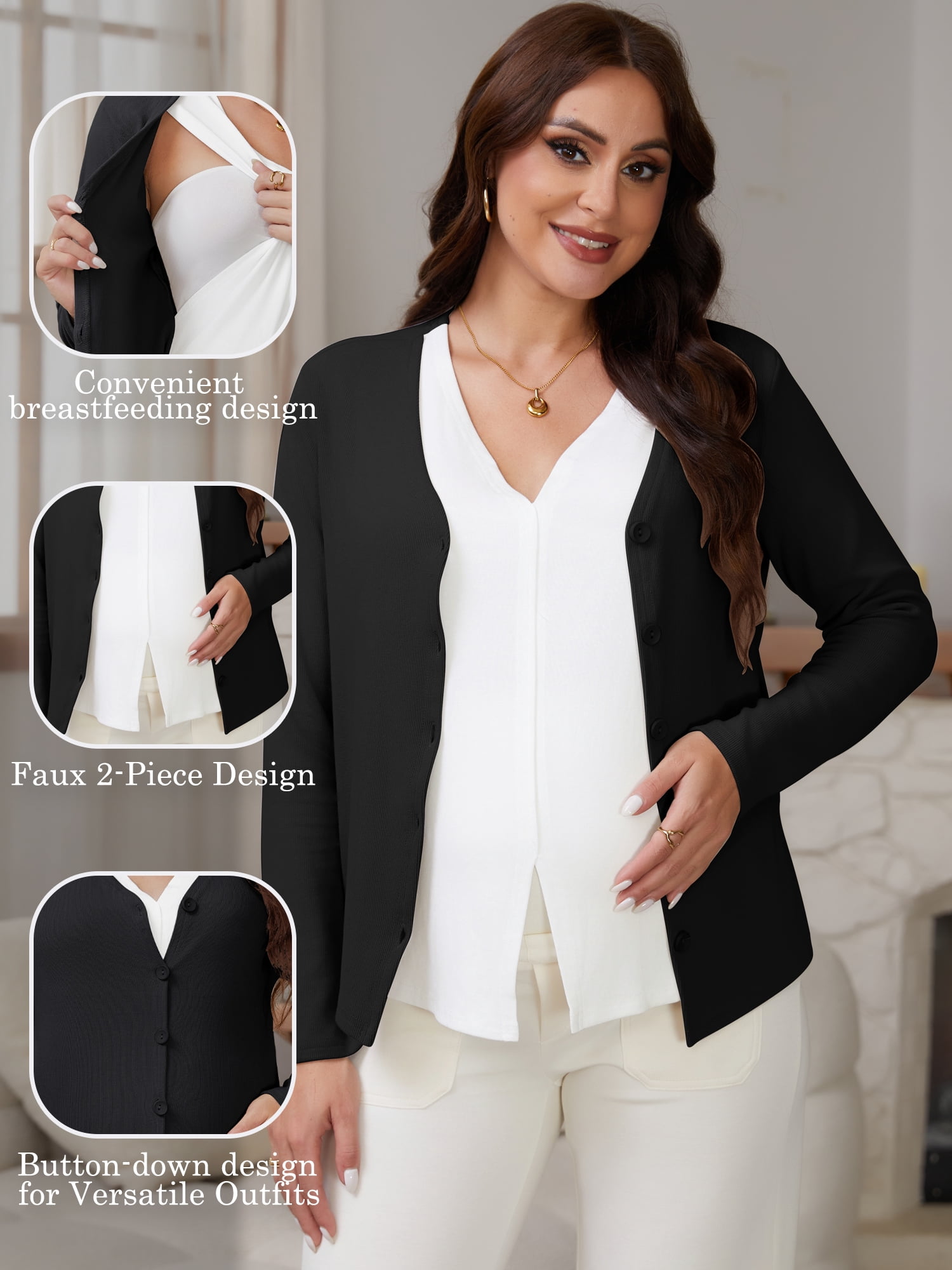 DARING DIVA Women's Nursing Maternity Faux Knit Postpartum Shirt 2-Piece S Black