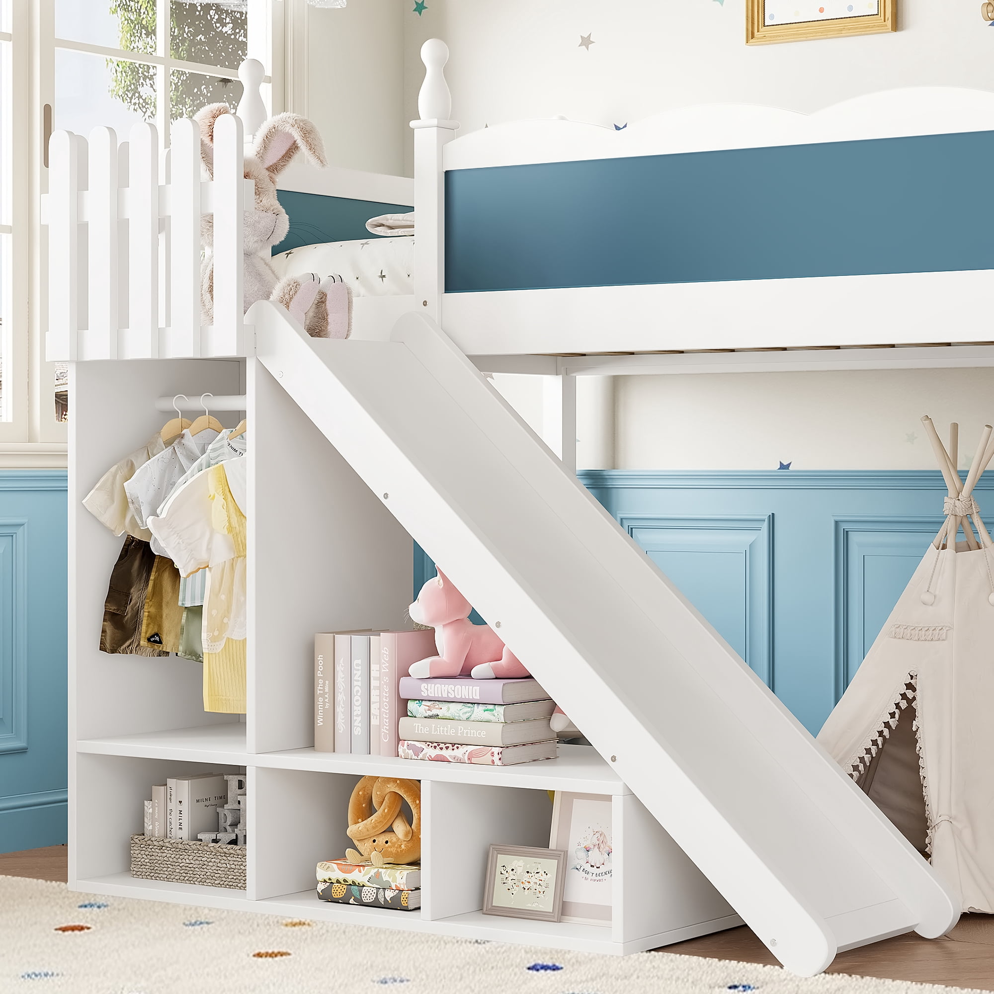Leumius Twin Loft Bed Frame with Storage Shelves and Wardrobe, Solid Wood Loft Bed with Detachable Slide and Ladders for Kids Teens Adults Blue and White