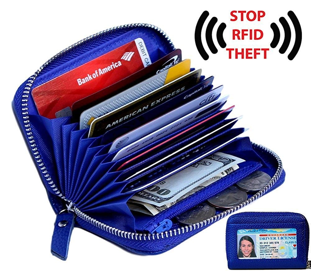 Womens Wallet RFID Blocking Genuine Leather Wallets for Women with ID Window Small Purse Blue