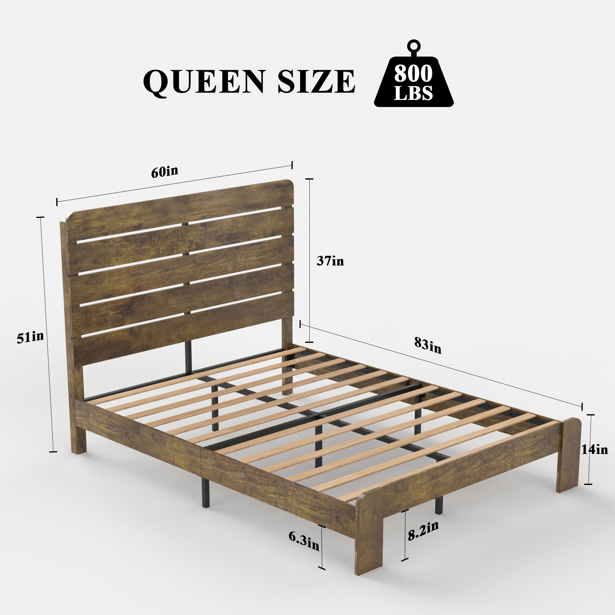 Miniyam Queen Size Wood Platform Bed with High Headboard for Adult, Rustic Vintage