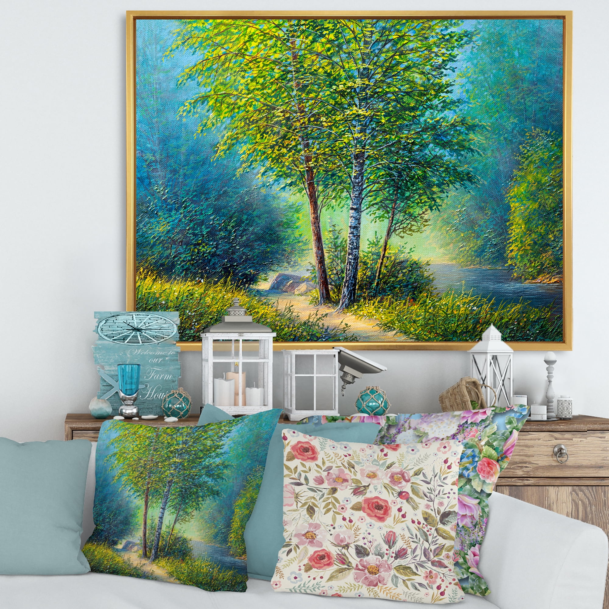 Designart 'Three Vibrant Green Trees By The River' Lake House Framed Canvas Wall Art Print