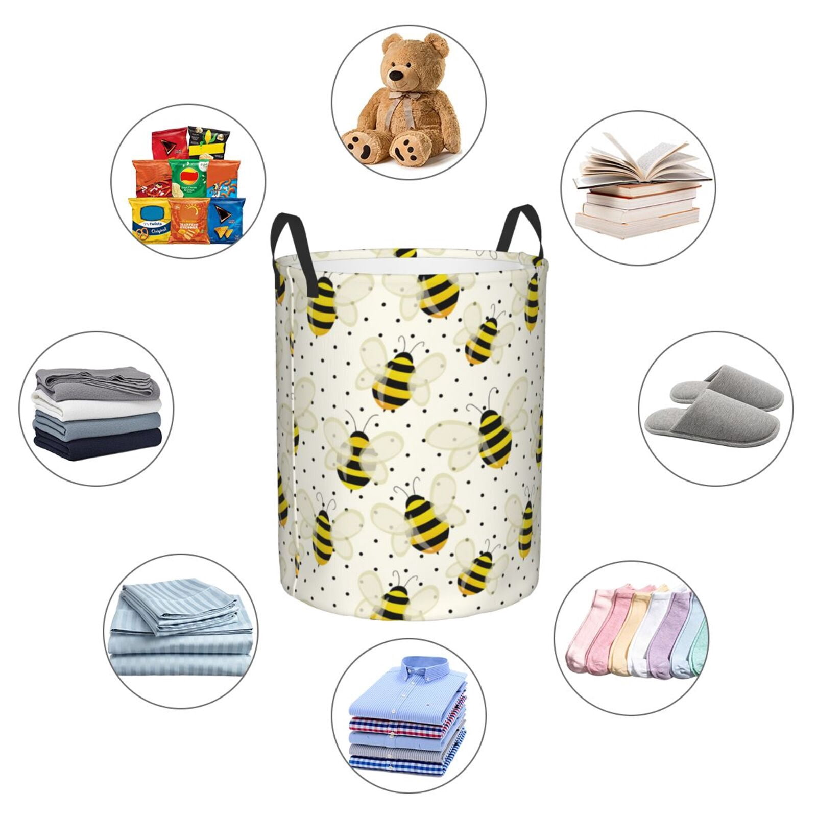 Large Laundry Basket with Handles - cute yellow bees polka dots Kids Baby Dirty Clothes Laundry Hamper for Bedroom Aesthetic