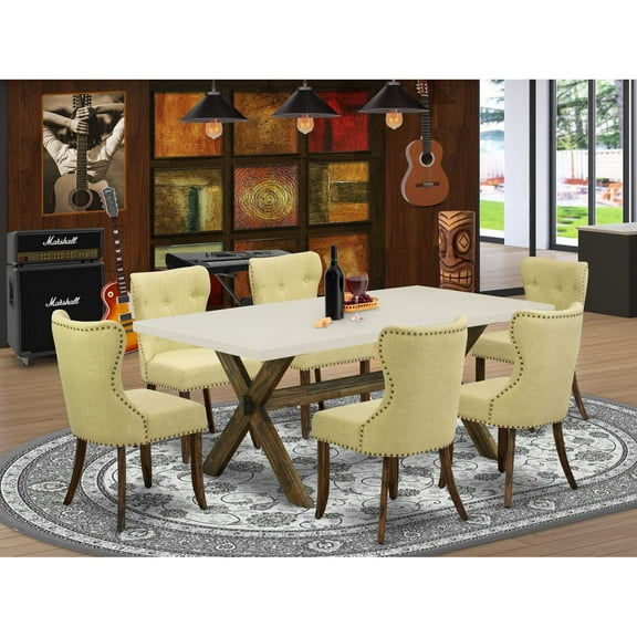 East West Furniture X727SI737-7 7-Piece Kitchen Dining Set- 6 Mid Century Dining Chairs with Limelight Linen Fabric Seat and Button Tufted Chair Back - Rectangular Table Top & Wooden Cross Legs -...