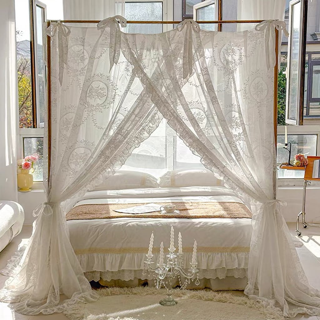 Elegant Lace Princess 4 Corner Post Mosquito Net Romantic for Girls Women Bed Curtain Canopy for Adults Wedding Bedroom Kids Rooms Decoration,White-2,Queen