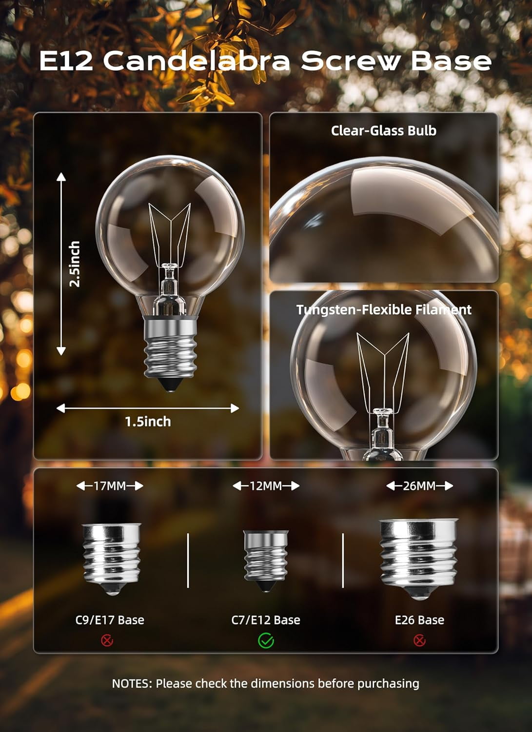 G40 Replacement Light Bulbs, Clear Globe Bulbs for Outdoor String Light, E12 Candelabra Base, Incandescent Round Patio Cafe Bistro Decor, 5W 120V, Warm White, 25 Pack