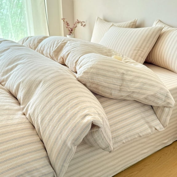 Beige Striped Duvet Cover Queen Size,100% Washed Cotton Beige Wide Pinstriped Soft Breathable,3pcs Bedding Set with Zipper Closure Corner Ties