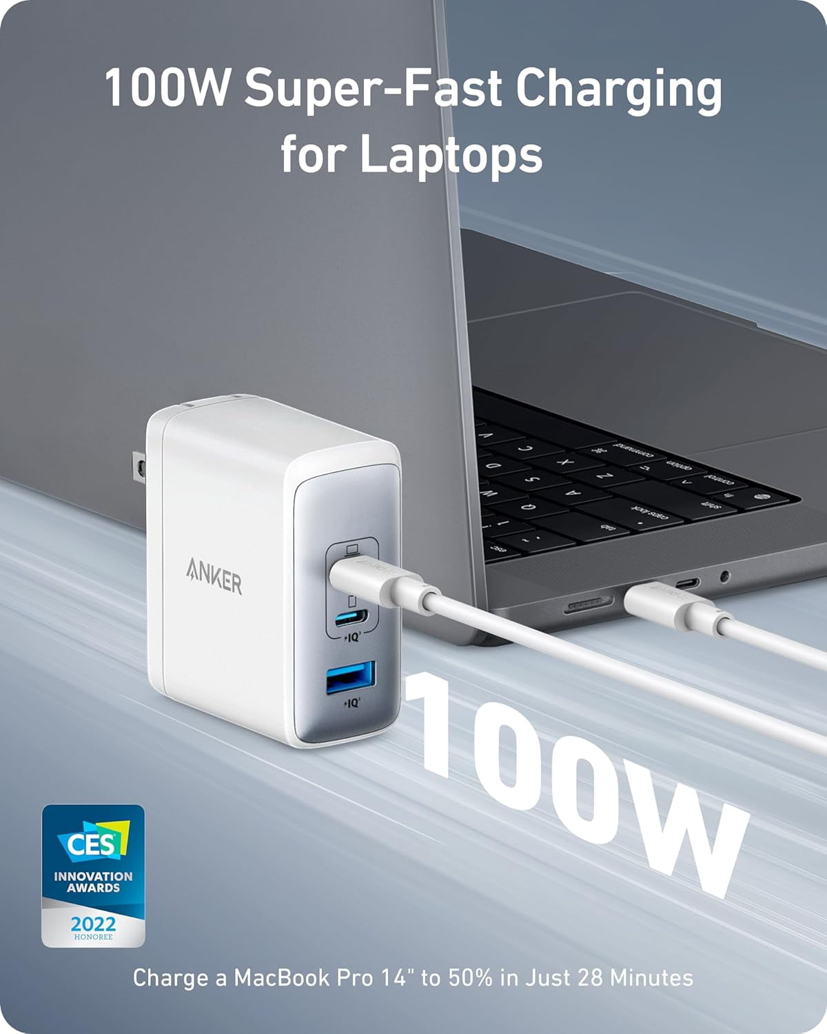 Anker Nano 100W USB-C Charger, 3-Port Fast Compact GaN Charger, Compatible for MacBook Pro/Air, ThinkPad, Dell, iPad Pro, iPhone 15 Series, Galaxy S23, and More (USB-C to USB-C Cable Included)