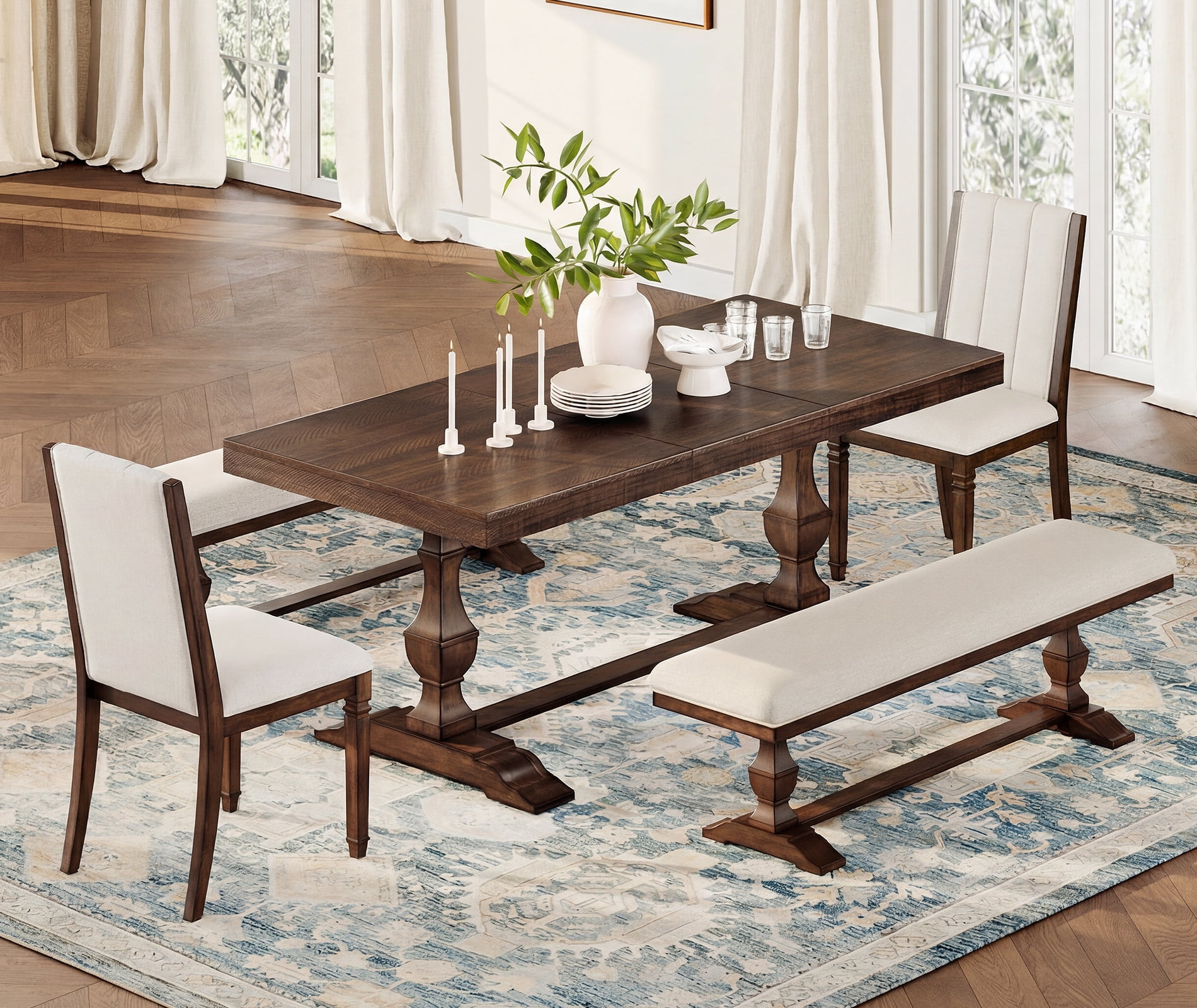WAMPAT 5-pieces Farmhouse Dinning Table,74.8" Kitchen Table Set with 2 Benches and 2 Chairs for 6-8,Solid Wood Legs and Cushion Seat for Kitchen & Living Room,Espresso