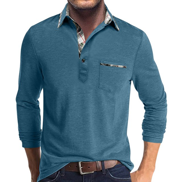 Men's Spring And Autumn Solid Color T-shirt Lapel 3 Button Open Placket Button Long Sleeved TopXL
