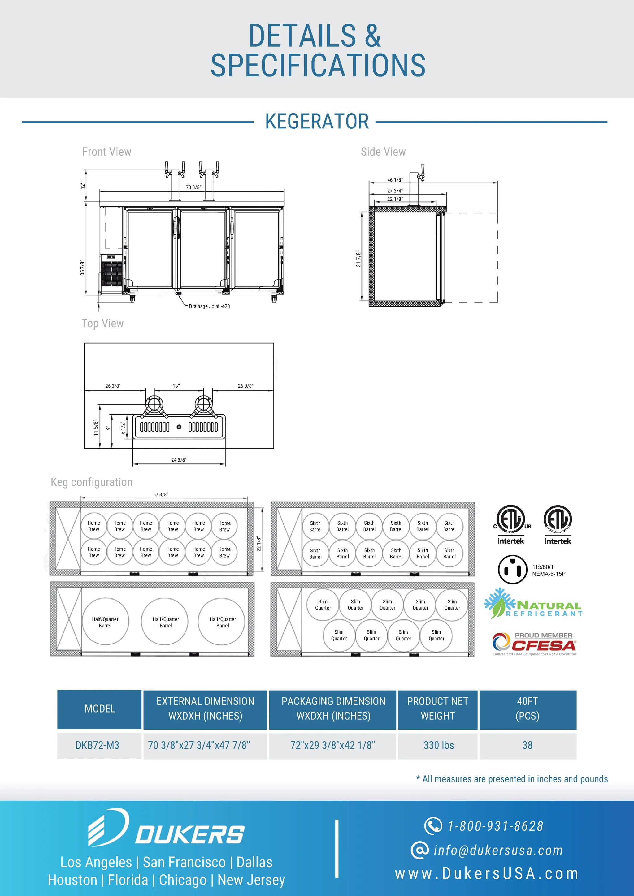 Dukers DKB72-M3 Dual Tap Kegerator Beer Dispenser