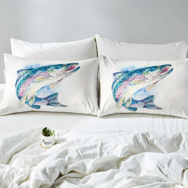 Cute Bass Fish Bedding Sets Queen Sea Animal Comforter Cover for Kids,  Watercolor Ocean Fish Bed Sets Tie Dye Sealife Duvet Cover, White Rustic  Lake House Quilt Cover for All-Season Luxury 