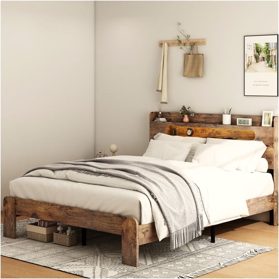 JERFIT Full Size Bed Frame with LED Headboard, USB Charging Station, Storage Platform, Dark Brown Wood & Metal Frame, No Box Spring Needed