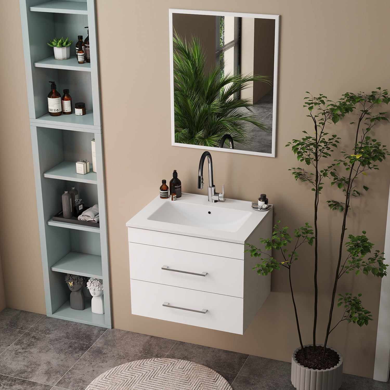 Demi Bonn 24" Wall-Mounted Bathroom Vanity with Ceramic Sink, 2 Soft-Close Drawers and Aluminum Frame Mirror, Faucets and Drains Not Included, White