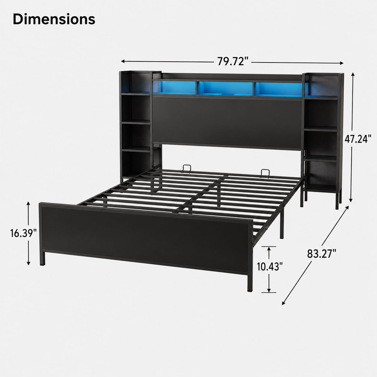 Miniyam Full Platform Bed Frame with Bookcase Headboard, Charging Station, LED Lights, Side Storage Shelves, Black